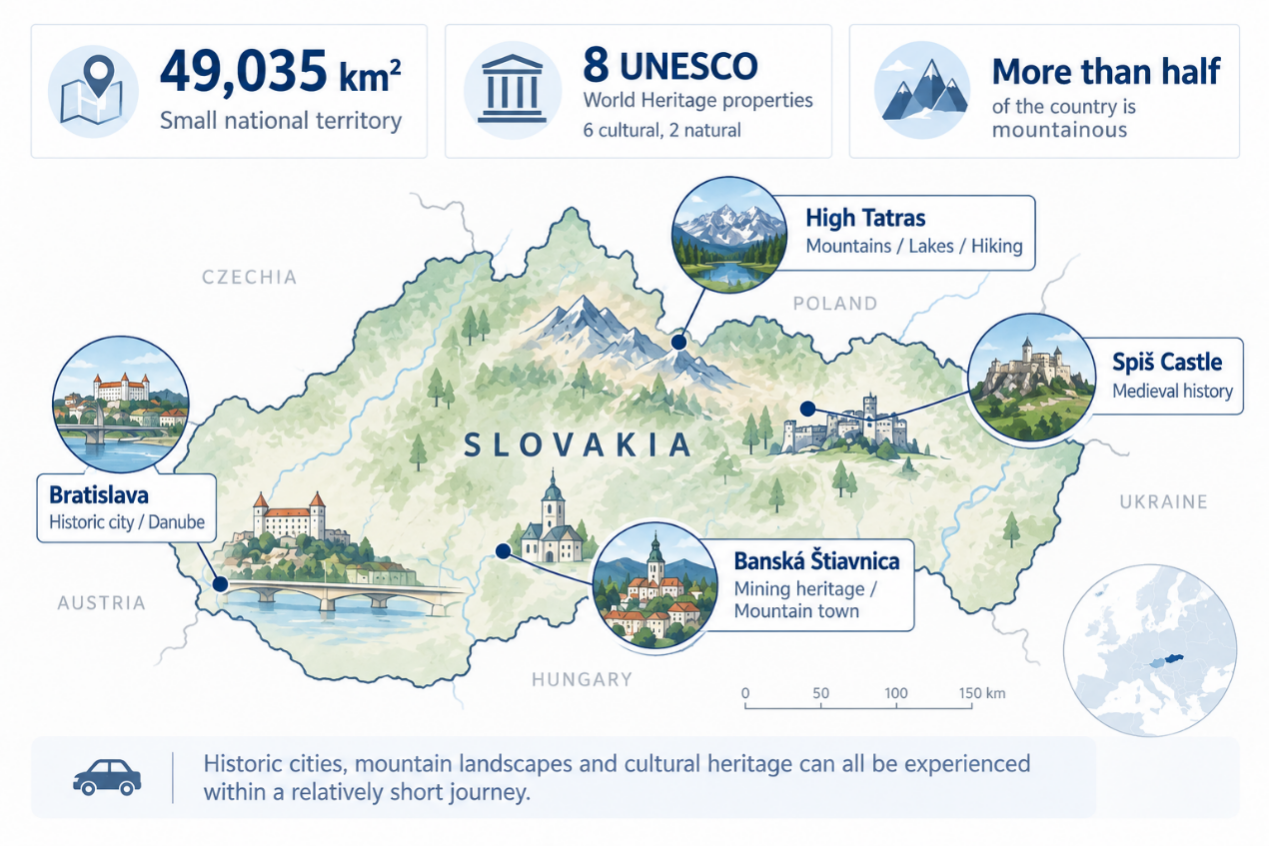 Illustrated map of Slovakia showing Bratislava, Banská Štiavnica, Spiš Castle and the High Tatras