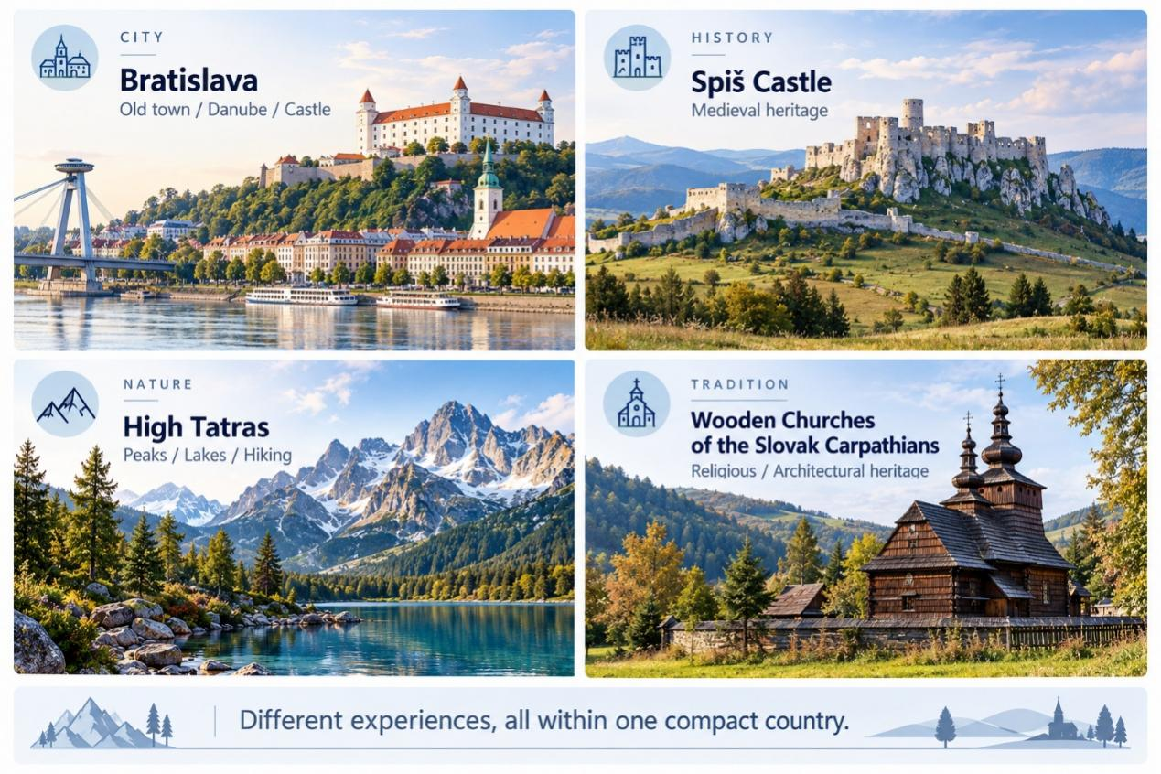 Four illustrated Slovak travel experiences: Bratislava, Spiš Castle, High Tatras and wooden churches